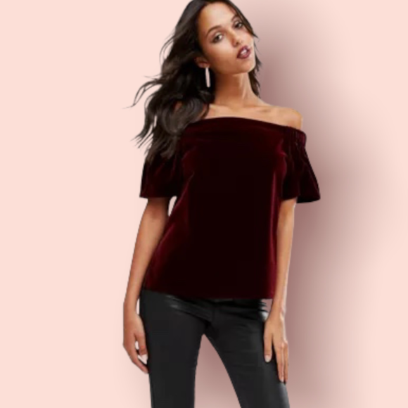 Lila Burgundy Velvet Off-The-Shoulder Short Sleeve Top - Picture 8 of 10